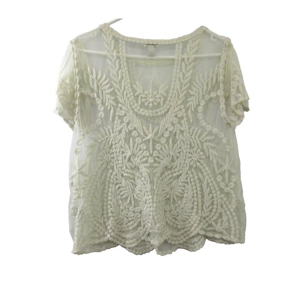 Hinge Womens Top Size Small White Floral Embroidered Lace Short Sleeve Mesh - Picture 2 of 5